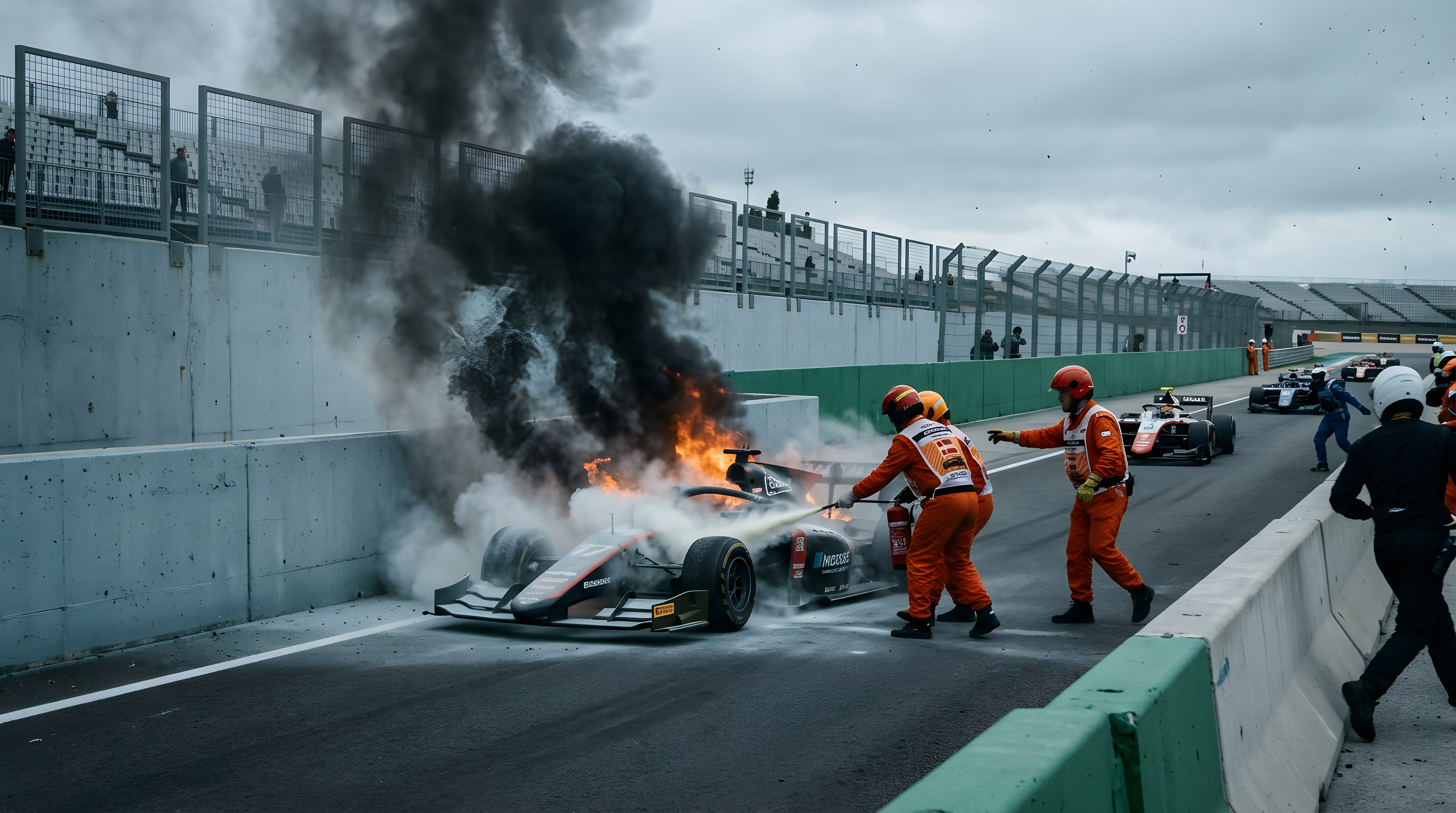 Formel 2-racer i brand skaber kaos i Madrid