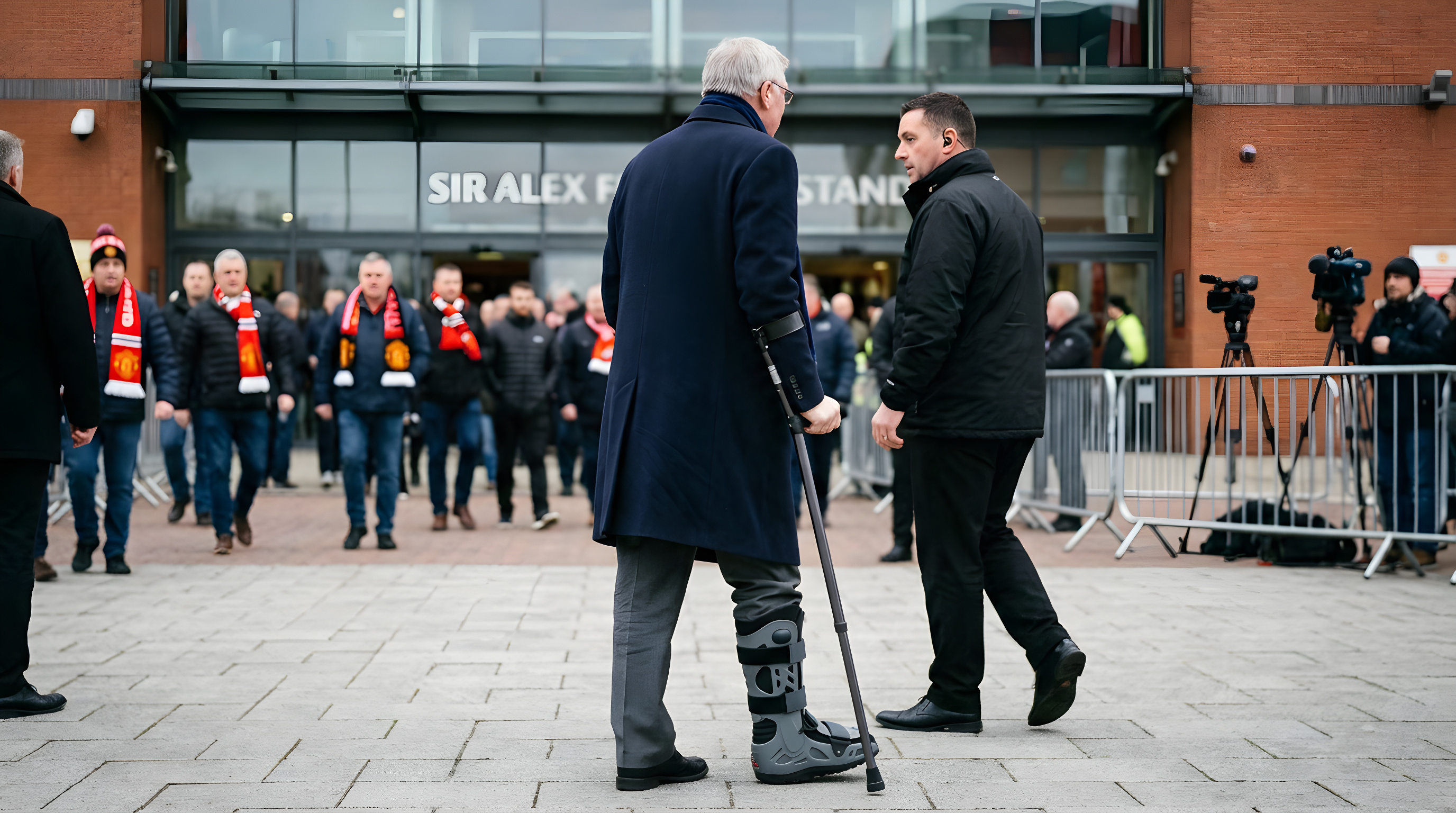 Alex Ferguson ankom til Old Trafford i gipsstøvle
